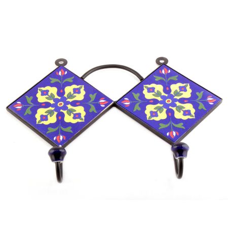 Navy Blue And Yellow Leaf Ceramic Floral Tiles Hooks